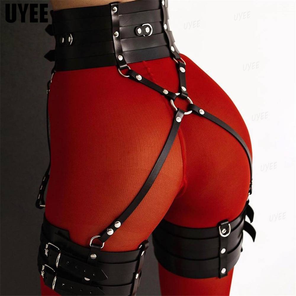 Uyee lingerie sexy para mulher couro do plutônio bdsm arnês thight garter cinto cinta corpo punk estilo gótico erótico gaiola de bondage suspender