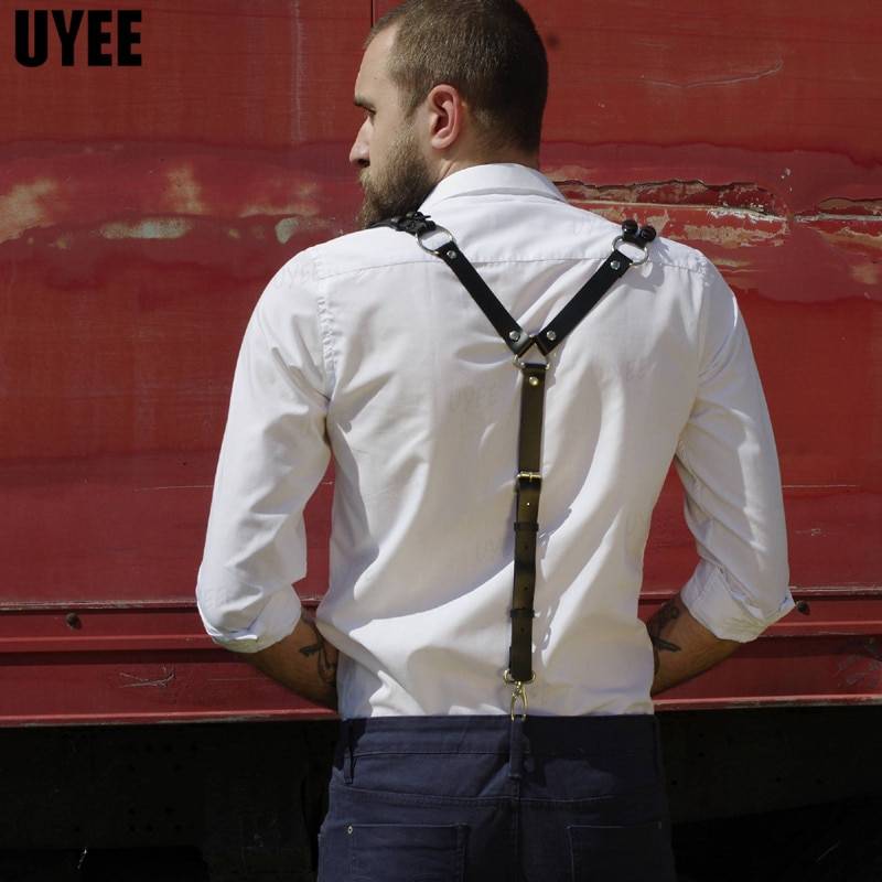 Uyee punk moda pu suspensórios de couro para homens camisa calças fivela cintos ajustáveis correias colete cintas arnês rave fetiche