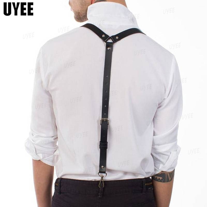 Uyee punk moda pu suspensórios de couro para homens camisa calças fivela cintos ajustáveis correias colete cintas arnês rave fetiche