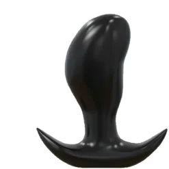 Plug anal preto de silicone macio com cabeça larga, colo fino e base em âncora