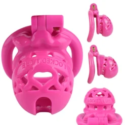 Gaiola de castidade mini FRRK Locked Life rosa vista de vários ângulos