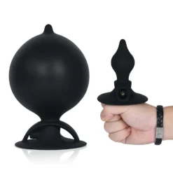 Plug anal inflável de silicone preto mostrado inflado com 11 cm e desinflado com 4 cm