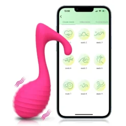 Vibrador bluetooth em forma de nota musical rosa ao lado do celular com o aplicativo