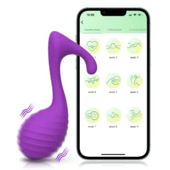 Vibrador nota musical roxo ao lado do celular com o aplicativo