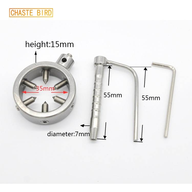 Chaste bird fechadura de parafuso de aço inoxidável, anéis de pênis, trava de castidade, bloqueio de testículos de testículos, dentes, anel peniano, braçadeira de pau, a096