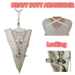 Armbinder de lona bege com cordão, cintas com cadeado e alças cruzadas