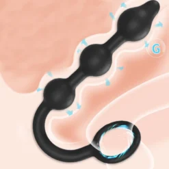 Butt plug inflável preto de três bolas com anel, ilustrado em uso