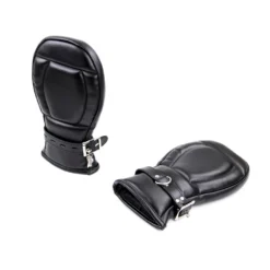 Par de luvas de couro bondage mitts pretas com cadeado na fivela