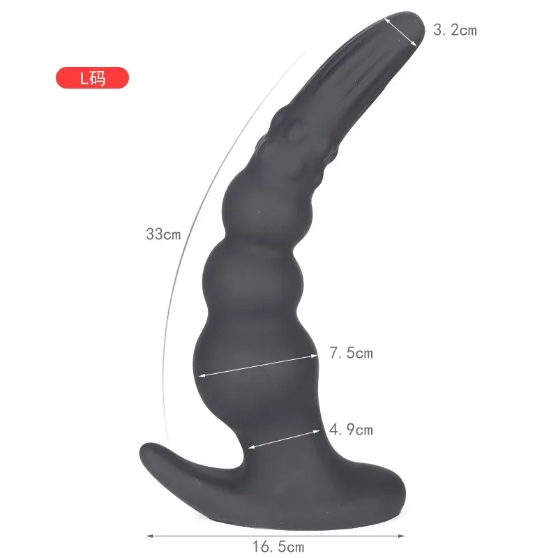Plug anal preto de 33 cm com as medidas de ponta, corpo e base indicadas