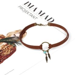 2021 moda jóias presente gargantilha de couro marrom gargantilha colar antigo cobre cor forma de pena charme colar corrente do vintage Vestuário