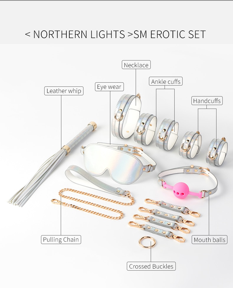 Bdsm brilhante de couro sexy conjunto cama bondage kits restrição algemas colar mordaça máscara de olho brinquedos sexuais para casais adultos