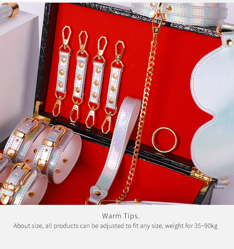 Bdsm brilhante de couro sexy conjunto cama bondage kits restrição algemas colar mordaça máscara de olho brinquedos sexuais para casais adultos