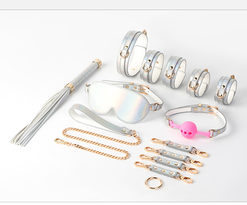 Bdsm brilhante de couro sexy conjunto cama bondage kits restrição algemas colar mordaça máscara de olho brinquedos sexuais para casais adultos