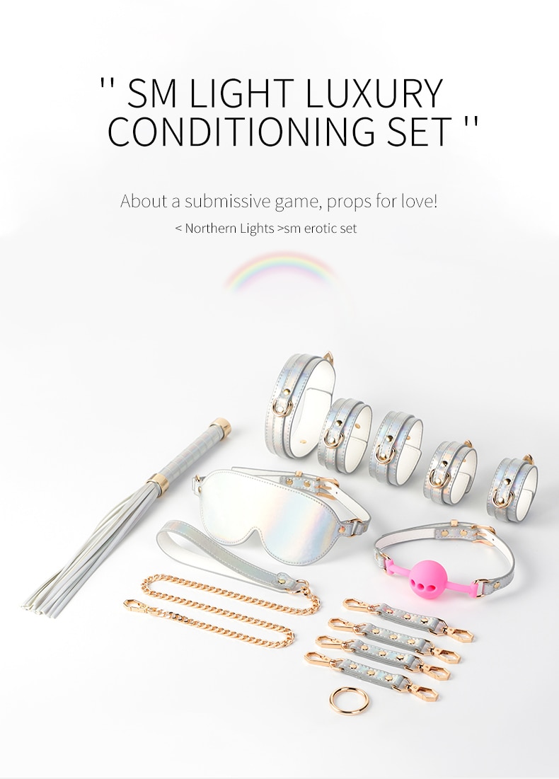 Bdsm brilhante de couro sexy conjunto cama bondage kits restrição algemas colar mordaça máscara de olho brinquedos sexuais para casais adultos