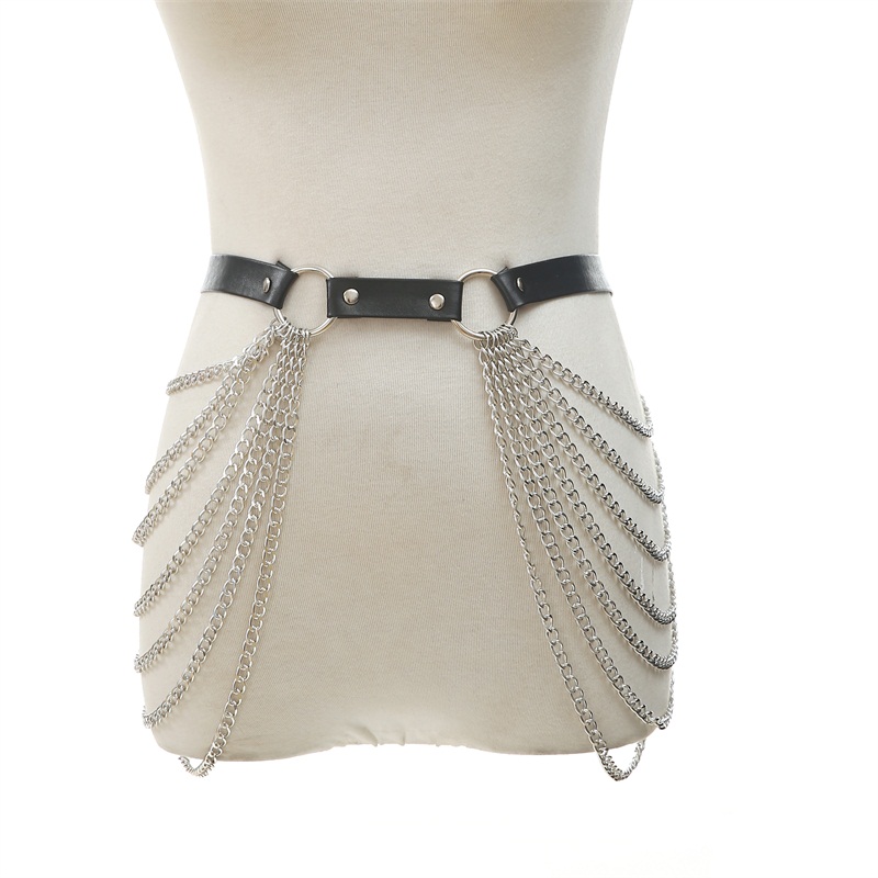 Cinto de corrente de cintura preto punk de couro em camadas cadeias de corpo barriga jóias acessórios rave para mulheres e meninas Cinto de corrente de cintura preto punk de couro em camadas cadeias de corpo barriga jóias acessórios rave para mulheres e meninas
