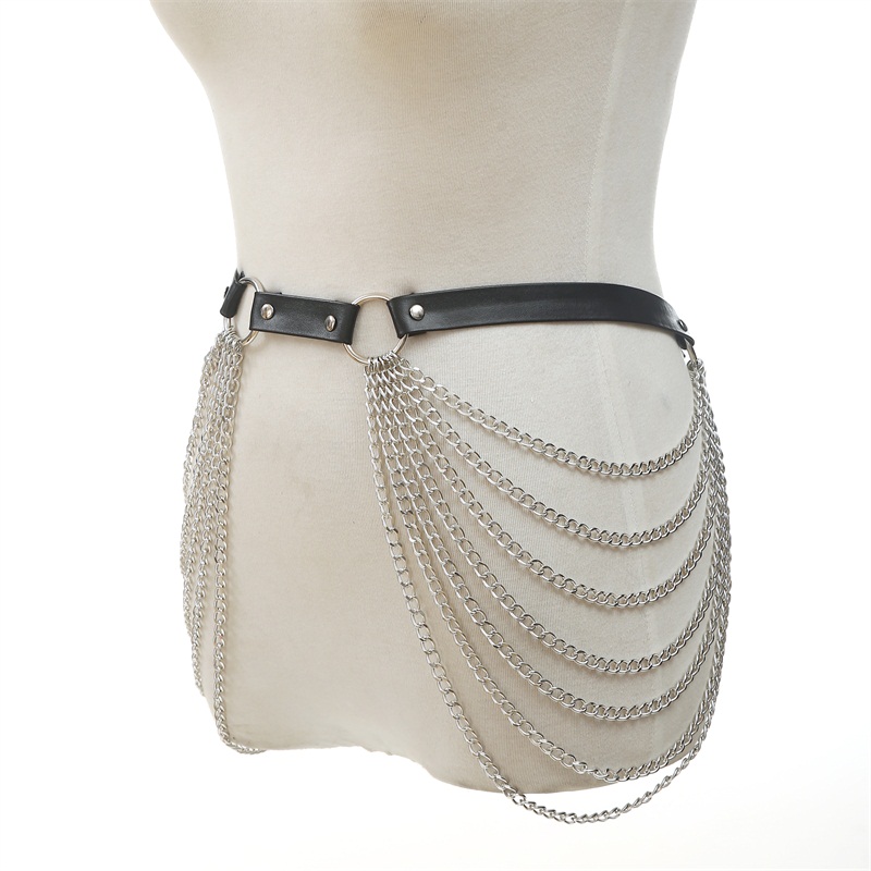 Cinto de corrente de cintura preto punk de couro em camadas cadeias de corpo barriga jóias acessórios rave para mulheres e meninas Cinto de corrente de cintura preto punk de couro em camadas cadeias de corpo barriga jóias acessórios rave para mulheres e meninas