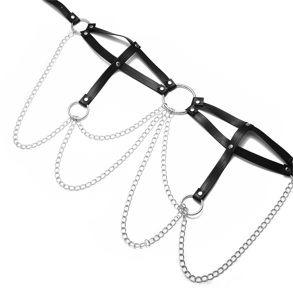 Cinto de corrente de cintura preto punk de couro em camadas cadeias de corpo barriga jóias acessórios rave para mulheres e meninas Cinto de corrente de cintura preto punk de couro em camadas cadeias de corpo barriga jóias acessórios rave para mulheres e meninas