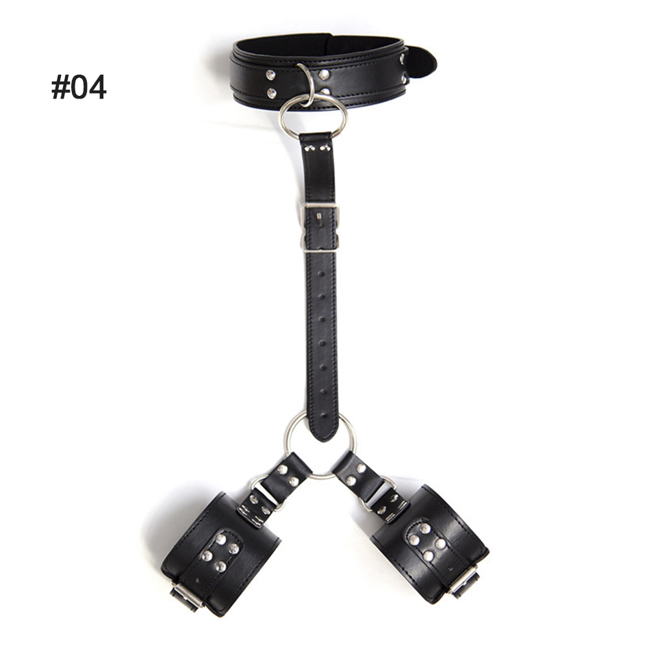 Couro atrás algemas pescoço colar fetiche sexo escravo bdsm bondage erótico brinquedo do sexo para mulheres cinta de pulso restrição adulto brinquedos sexuais