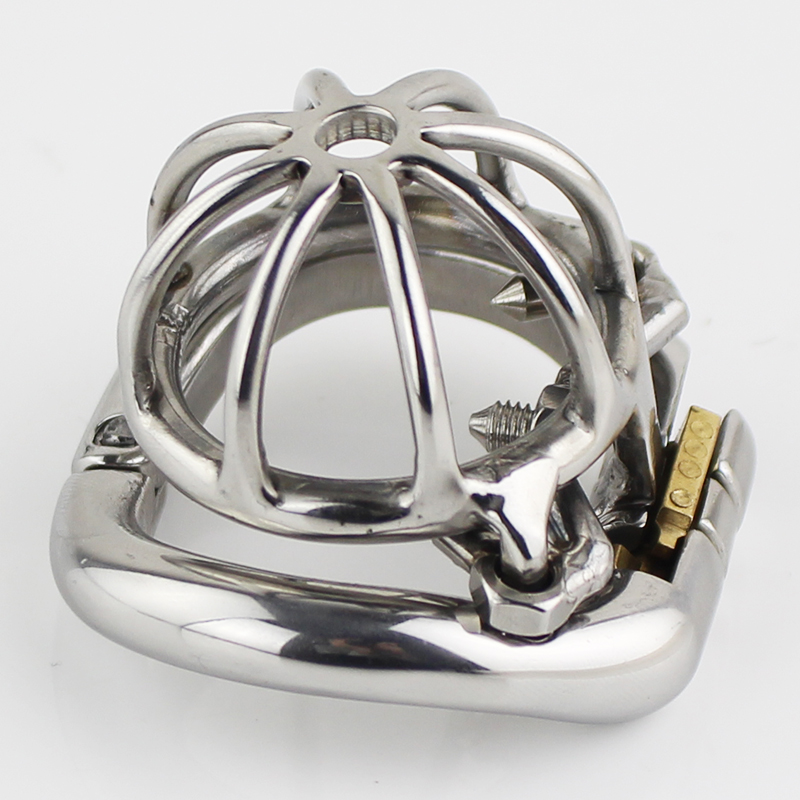 Dispositivo masculino da castidade de aço inoxidável super pequeno tamanho penis lock com 4 tamanho arco base anel com afiada estilo anti-espinho gaiola de galo