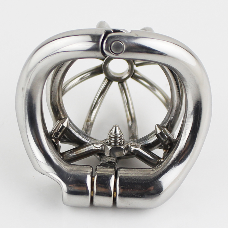 Dispositivo masculino da castidade de aço inoxidável super pequeno tamanho penis lock com 4 tamanho arco base anel com afiada estilo anti-espinho gaiola de galo