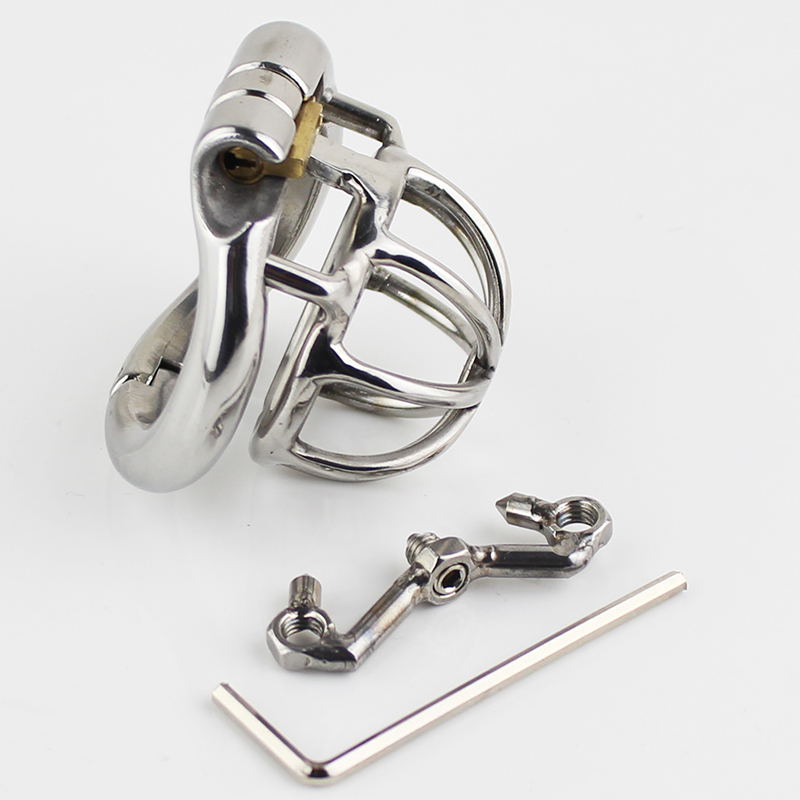 Dispositivo masculino da castidade de aço inoxidável super pequeno tamanho penis lock com 4 tamanho arco base anel com afiada estilo anti-espinho gaiola de galo