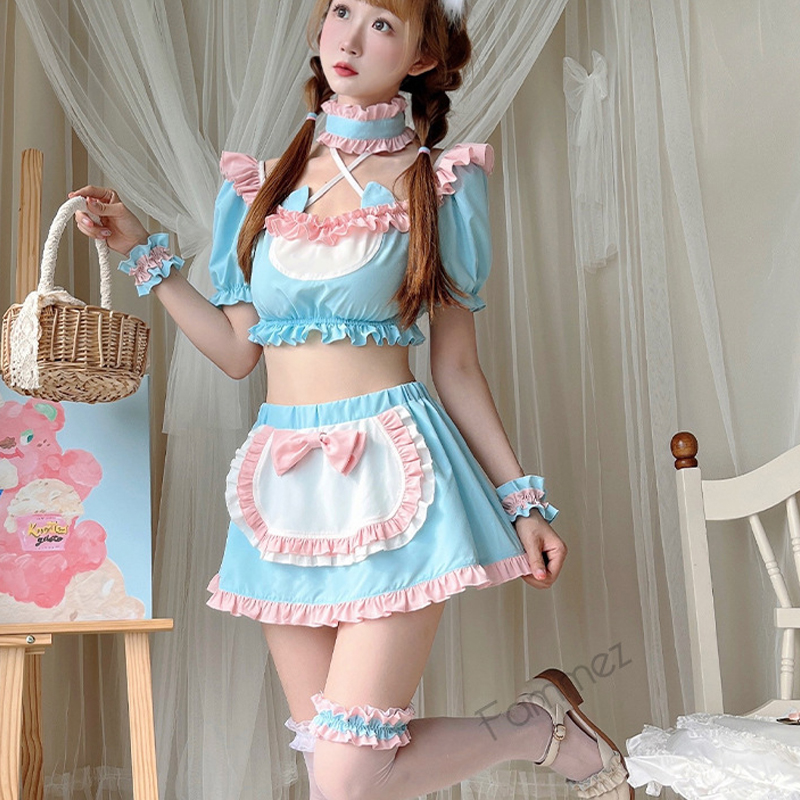 Lolita bonito anime princesa cosplay orelhas de gato plissado colheita topos bowknot avental saia doce doce doce menina rosa azul empregada vestido dropship Vestuário
