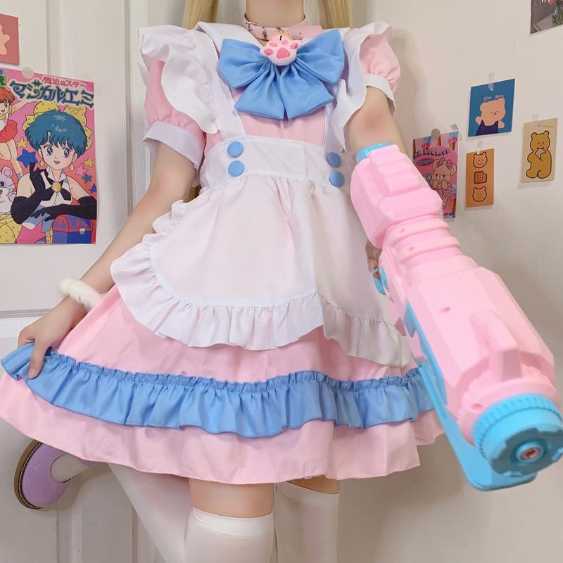 Mais tamanho kawaii vestido cosplay trajes escola menina maid outfits vestido vitoriano anime rosa japonês gothic lolita roupas