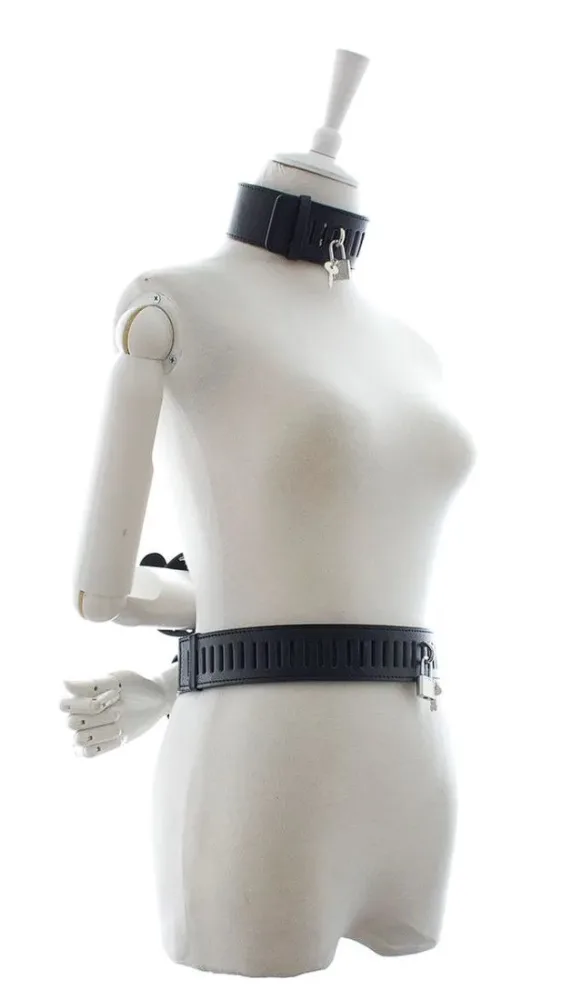 Armbinder de bondage com coleira e cinto fechados vistos de lado