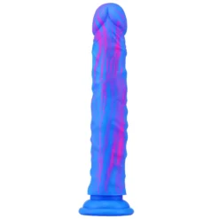 Dildo realista de silicone azul e rosa em pé sobre a ventosa