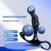 Massageador de próstata preto com ponta curva e alça de apoio no períneo
