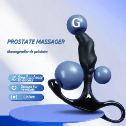 Massageador de próstata preto com ponta curva e alça de apoio no períneo