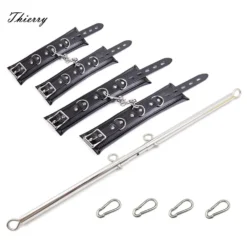 Spreader bar Thierry prateada com quatro algemas de couro acolchoadas e mosquetões