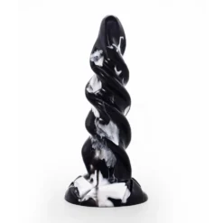 Dildo anal em espiral texturizado preto e branco em pé sobre a ventosa