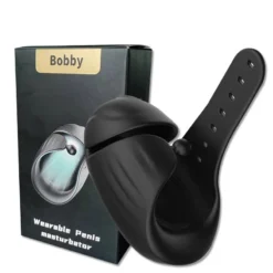 Estimulador de pênis Bobby de silicone preto com alça e caixa