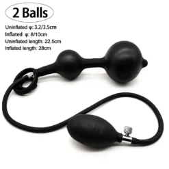 Plug anal inflável preto de dois bulbos com pera de bombear e medidas do modelo Huge Dildo