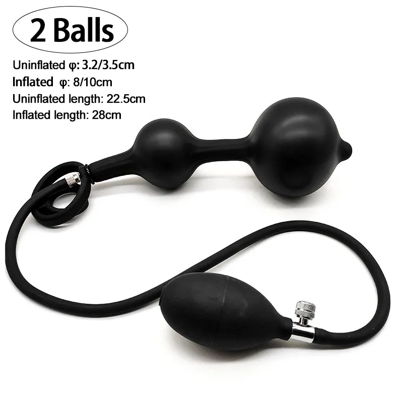 Plug anal inflável preto de dois bulbos com pera de bombear e medidas do modelo Huge Dildo