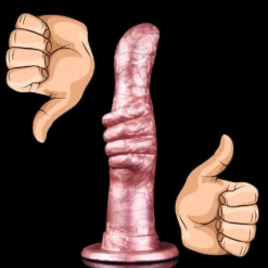 Thumb anal dildo em forma de joinha ao lado de mãos ilustradas