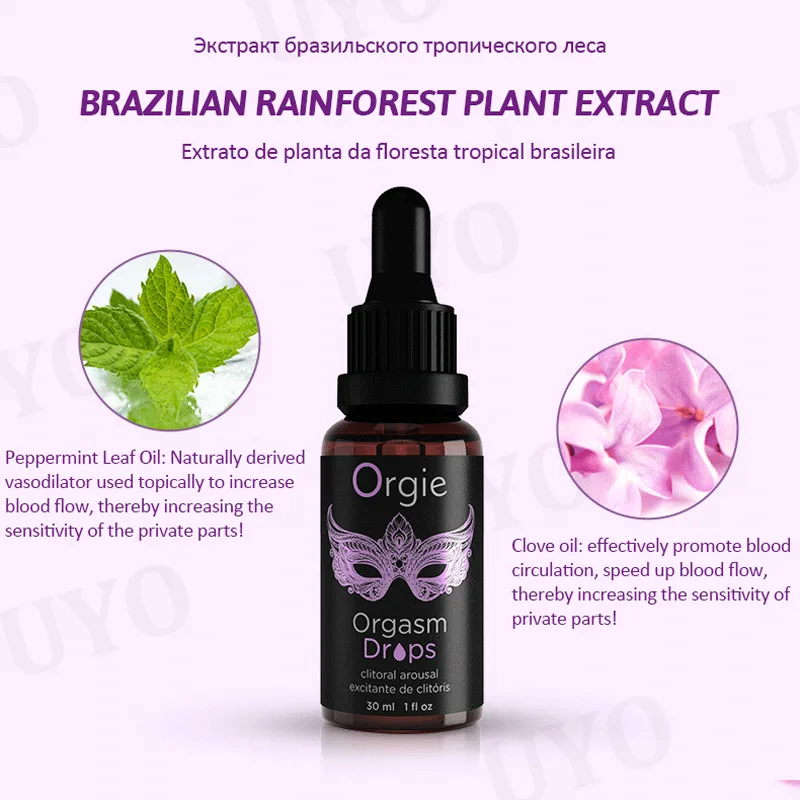 Ingredientes do Orgasm Drops: óleo de folha de hortelã-pimenta e óleo de cravo