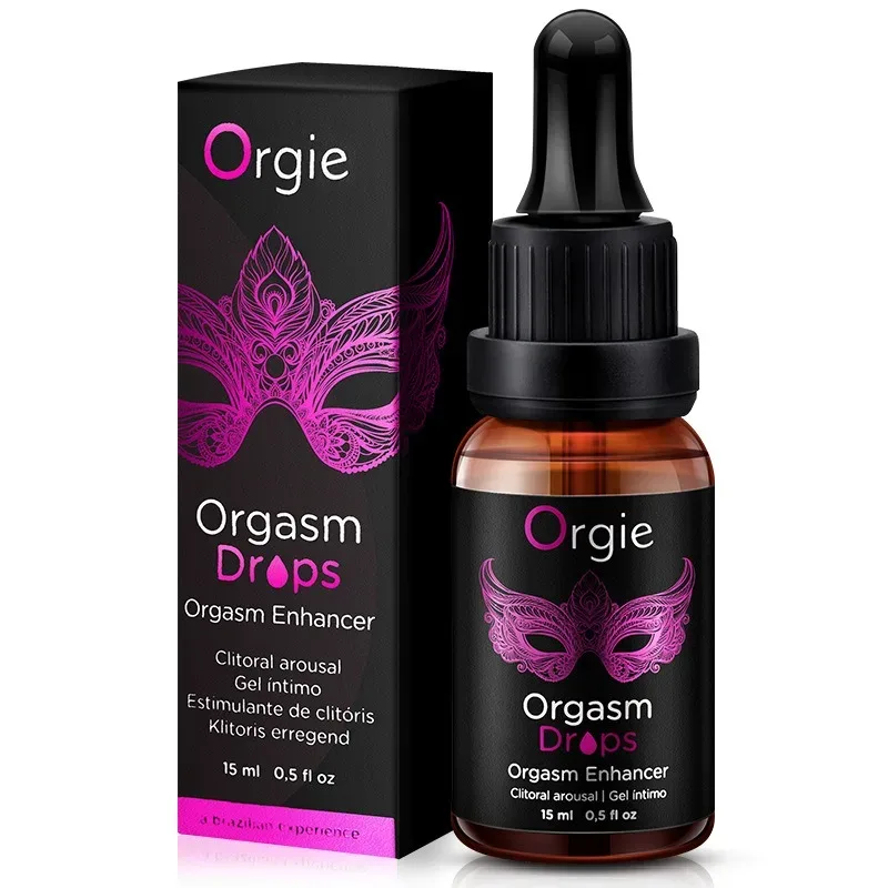 Frasco e caixa do Orgie Orgasm Drops, excitante de clitóris de 15 ml
