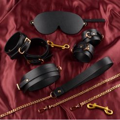 Conjunto BDSM Couro Artesanal Preto Vermelho 9 Pçs - Black Bondage Set