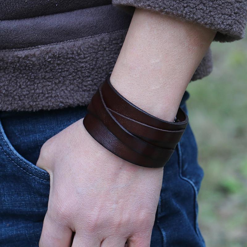 Bracelete Pulseira Larga Couro Masculina Punk Vintage Leather Cuff Wristband Preto Marrom - Imagem 6