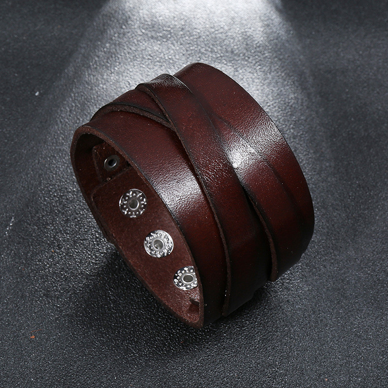 Bracelete Pulseira Larga Couro Masculina Punk Vintage Leather Cuff Wristband Preto Marrom - Imagem 4