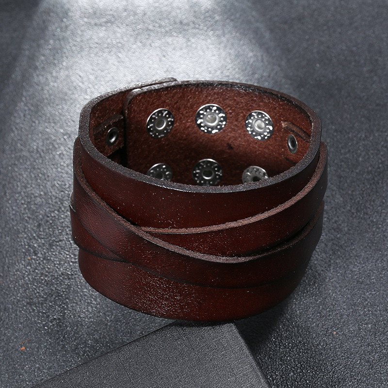 Bracelete Pulseira Larga Couro Masculina Punk Vintage Leather Cuff Wristband Preto Marrom - Imagem 5