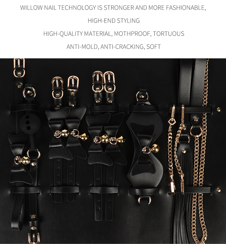Blackwolf luxo couro bdsm kits cama sm bondage saco de armazenamento conjunto algemas colar gag adulto erótico brinquedos sexuais para casais