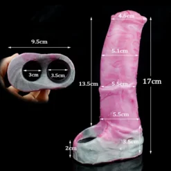 Esquema de medidas da capa peniana: 17 cm de altura, até 5,5 cm de diâmetro e base de 9,5 cm
