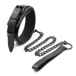 Coleira de couro bondage BDSM preta com guia de corrente