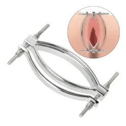 Labia clamp de metal com ilustração de como prende os grandes lábios