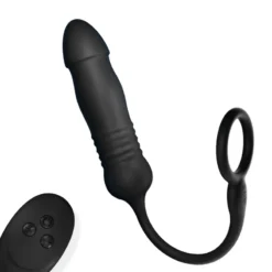 Plug anal telescópico de silicone preto com anel peniano e controle remoto