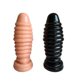 Plug anal torpedo com segmentos irregulares nas cores pele e preto lado a lado