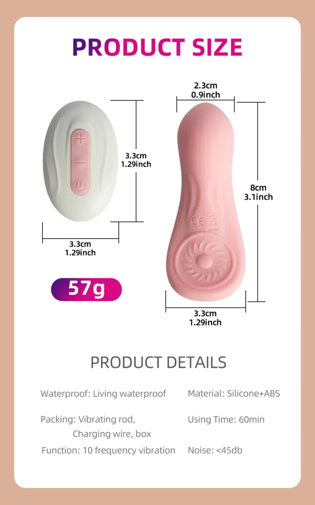 Medidas do vibrador de calcinha FairyKiss: 8 cm, 3,3 cm de largura e 57 g